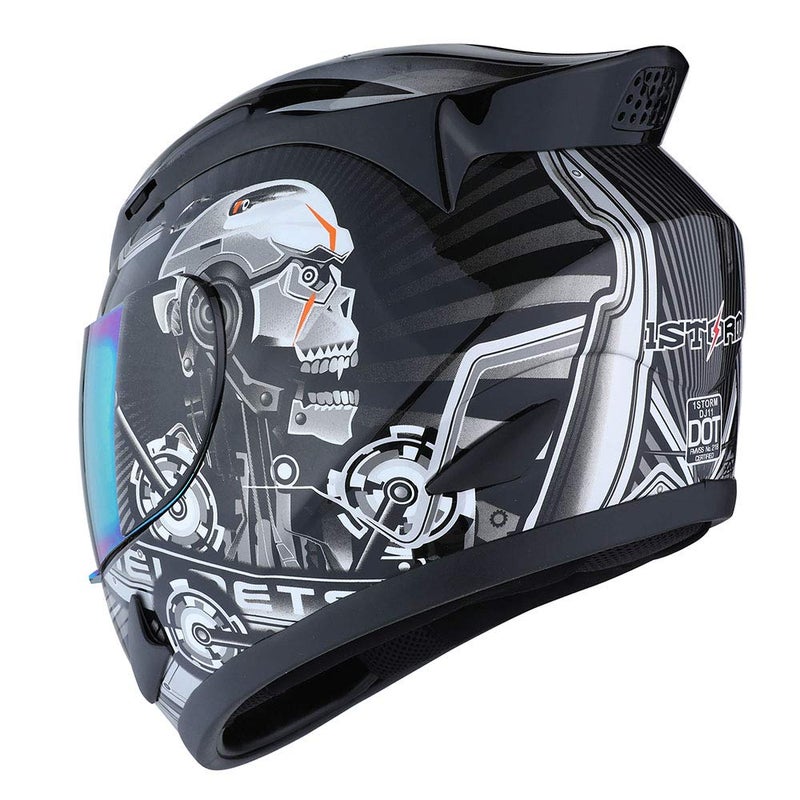 1Storm Motorcycle Bike Full FACE Helmet Mechanic Skull - Tinted Visor Black - Image 4